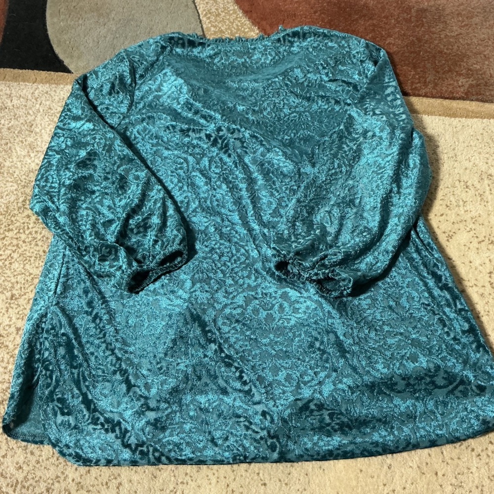 Valerie Stevens Burnout Velvet Damask Blouse Womens Medium Teal Tassel Boho Top - Picture 7 of 8